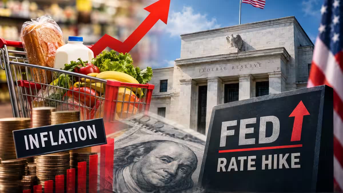 Federal Reserve building with interest rate and jobs report concept imagery