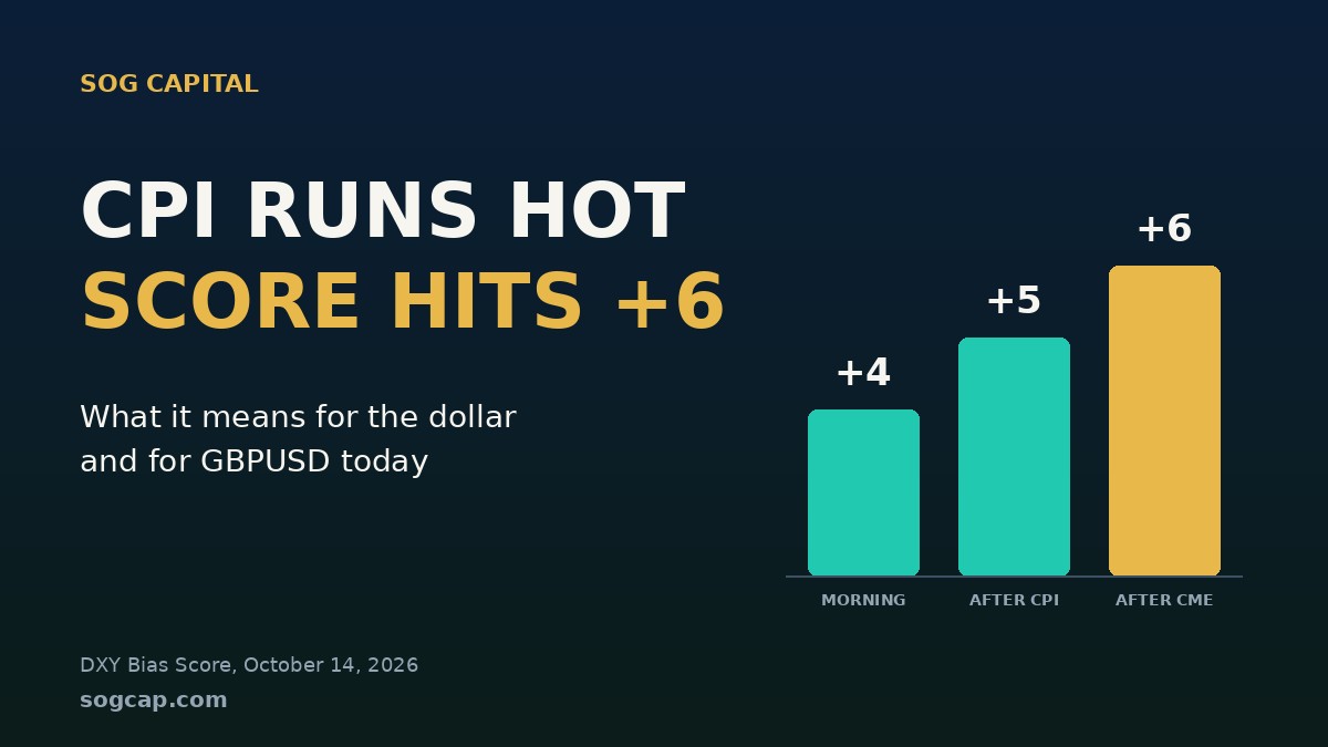 Graphic showing the DXY Bias Score stepping up from +4 to +5 after CPI and +6 after CME hike odds rose