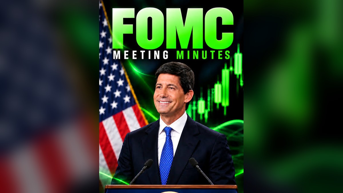 FOMC meeting minutes graphic with a speaker at a podium, a US flag and a green candlestick chart
