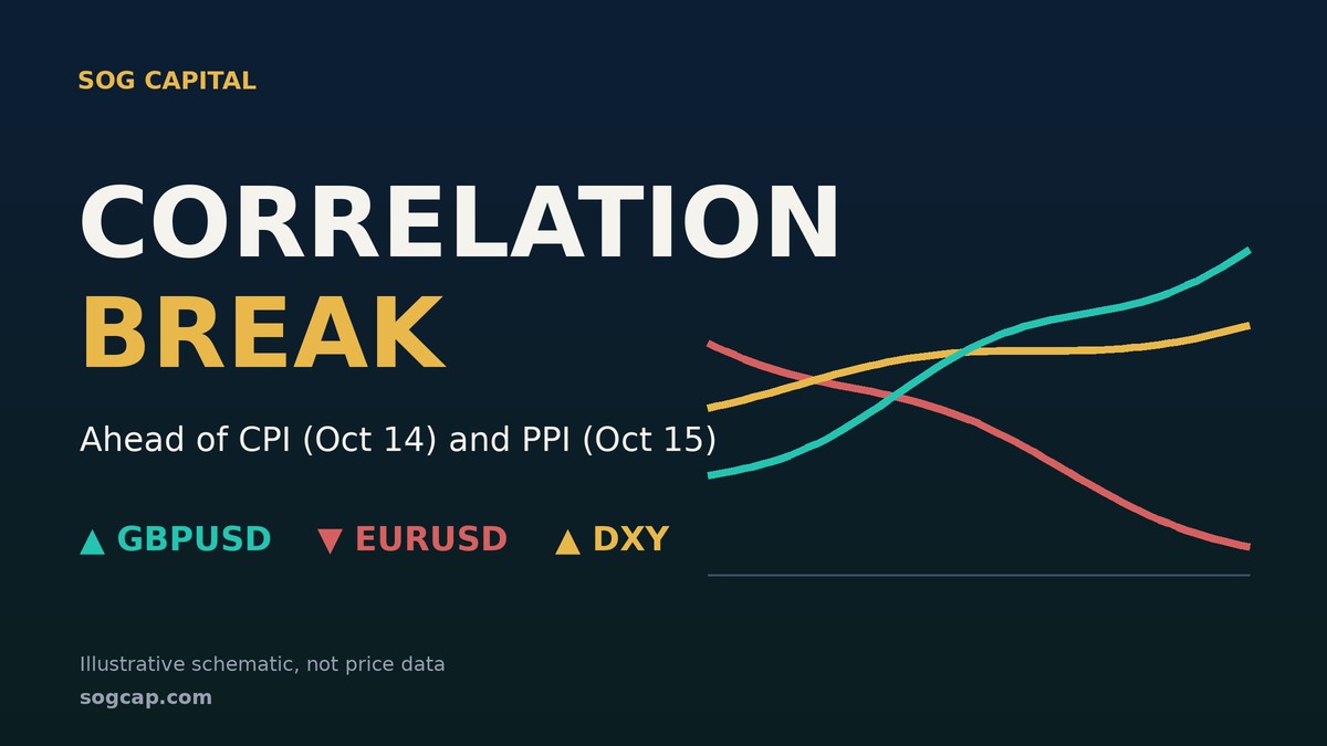 Schematic of GBPUSD rising while EURUSD falls and the DXY rises ahead of CPI and PPI