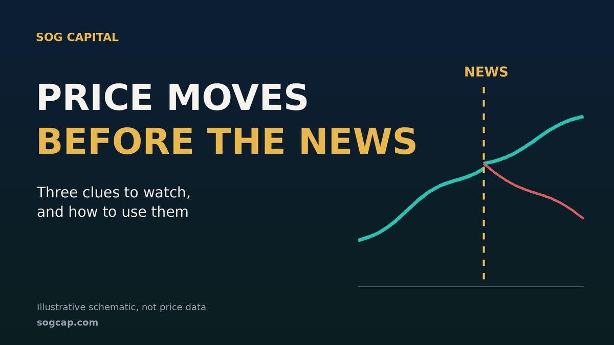 Schematic of a price line rising into a news release, then either continuing or reversing